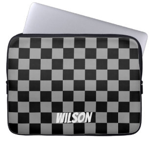 Personalized black &grey chequered monogram name laptop sleeve
