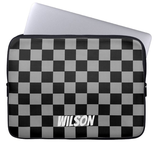 Personalized  black &grey chequered monogram name laptop sleeve (Front)