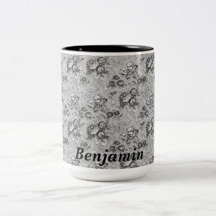 Personalized Black & Grey Florals Two-Tone Coffee Mug