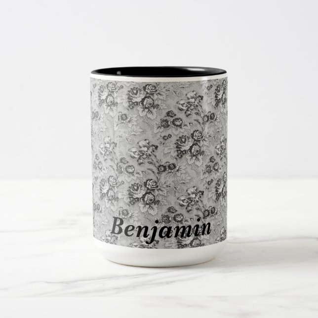 Personalized Black & Grey Florals  Two-Tone Coffee Mug (Center)