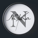 Personalized Black Grey Monogram Name Clock<br><div class="desc">Personalized Black Grey Monogram Name Clock. Create Your Own Monogram Initial Name Clock for self or as a gift for family or friends. Easily add the name of yourself or that of a loved one to make a memorable birthday, Housewarming or graduation gift for mom, grandma, sister, daughter, niece or...</div>