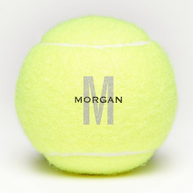 Personalized Black Grey Text Monogram Custom Name Tennis Balls (Front)
