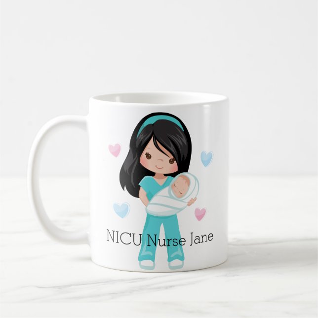 Personalized Black Hair NICU Nurse with Baby Coffee Mug (Left)