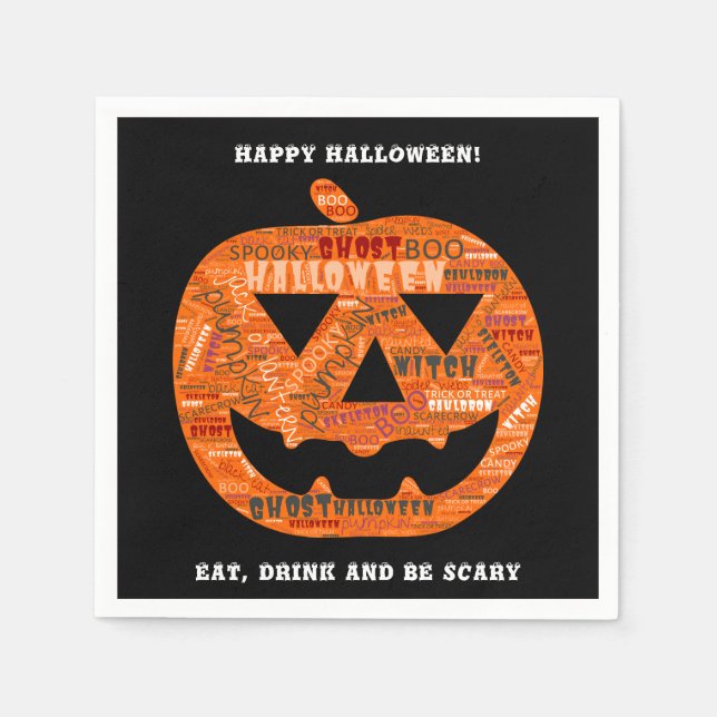Personalized Black Halloween Pumpkin Word Cloud Napkin (Front)