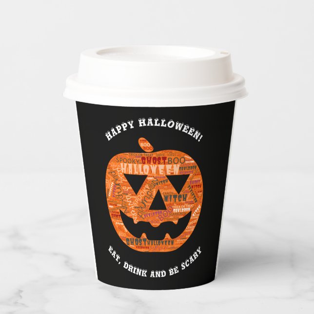 Personalized Black Halloween Pumpkin Word Cloud Paper Cups (Front)