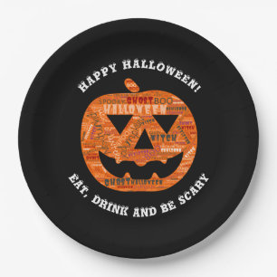 Personalized Black Halloween Pumpkin Word Cloud Paper Plate