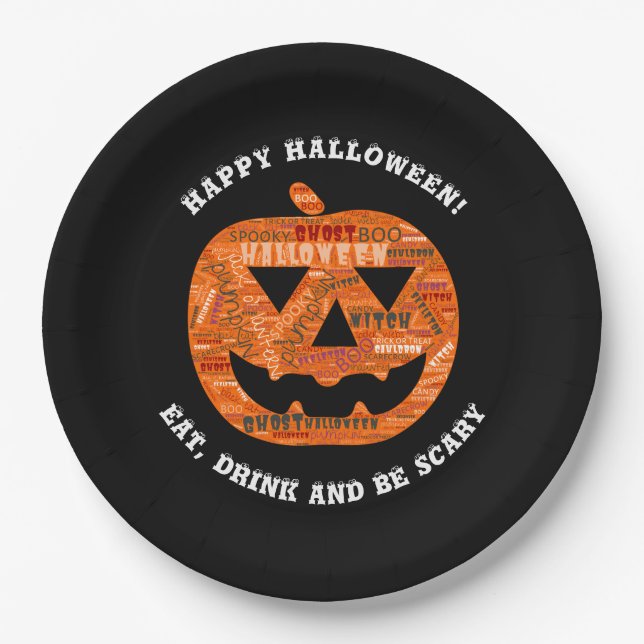 Personalized Black Halloween Pumpkin Word Cloud Paper Plate (Front)