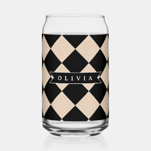 Personalized Black Harlequin Checkered Diamond Can Glass