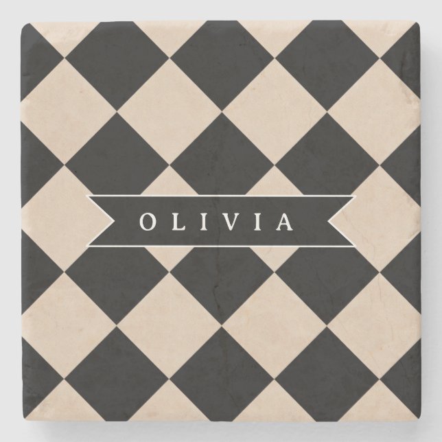 Personalized Black Harlequin Checkered Diamond Stone Coaster (Front)