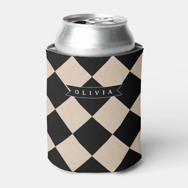 Personalized Black Harlequin Chequered Diamond Can Cooler (Can Front)
