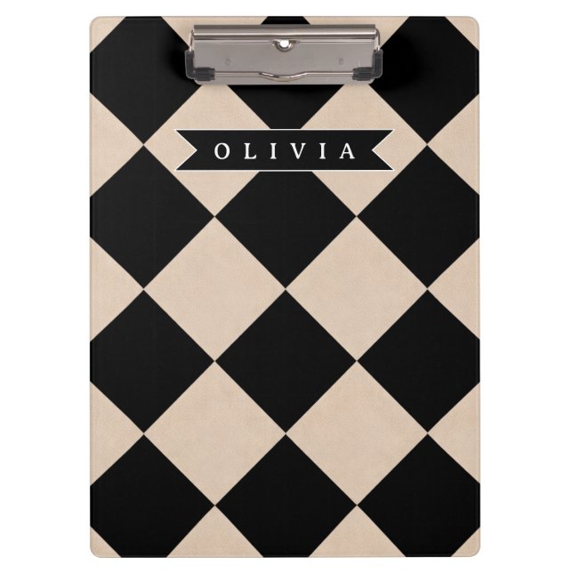 Personalized Black Harlequin Chequered Diamond Clipboard (Front)