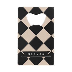 Personalized Black Harlequin Chequered Diamond Credit Card Bottle Opener