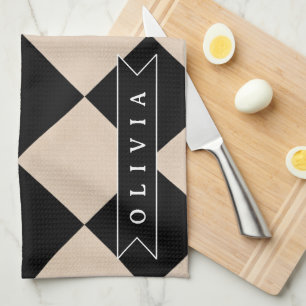 Personalized Black Harlequin Chequered Diamond Kitchen Towel