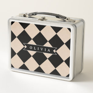Personalized Black Harlequin Chequered Diamond Metal Lunch Box
