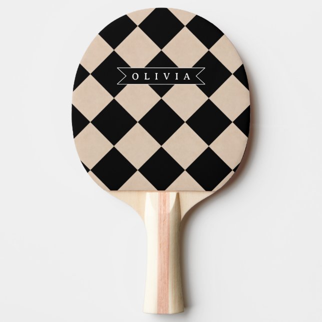 Personalized Black Harlequin Chequered Diamond Ping Pong Paddle (Front)