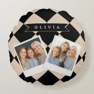 Personalized Black Harlequin Chequered Diamond Round Pillow