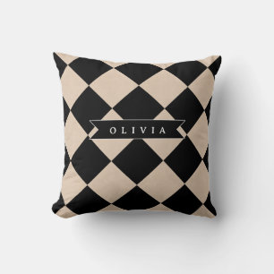 Personalized Black Harlequin Chequered Diamond Throw Pillow