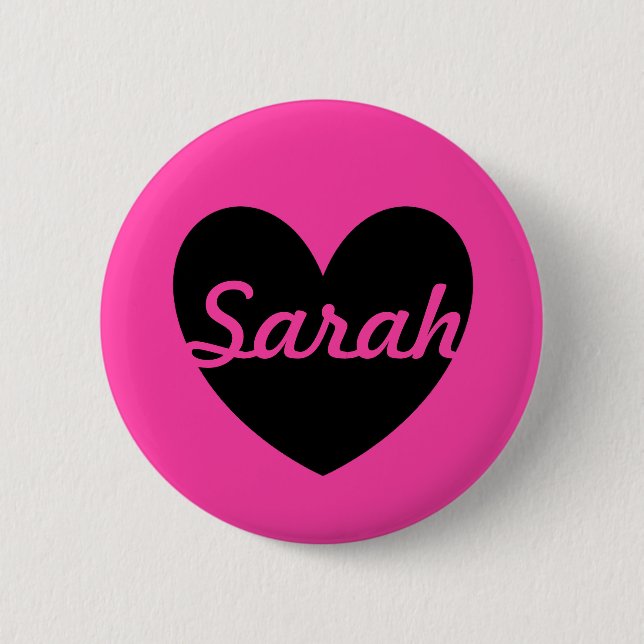 Personalized black heart on fuchsia pink 2 inch round button (Front)