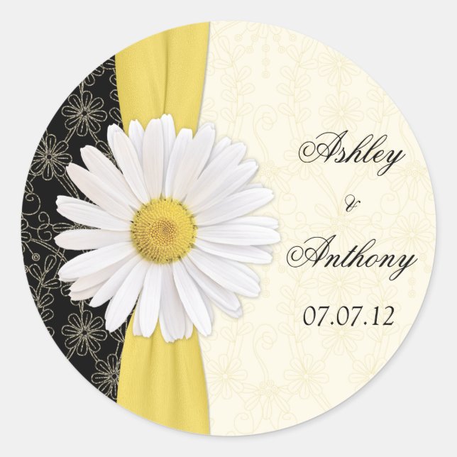 Personalized Black Ivory Daisy Wedding Stickers (Front)