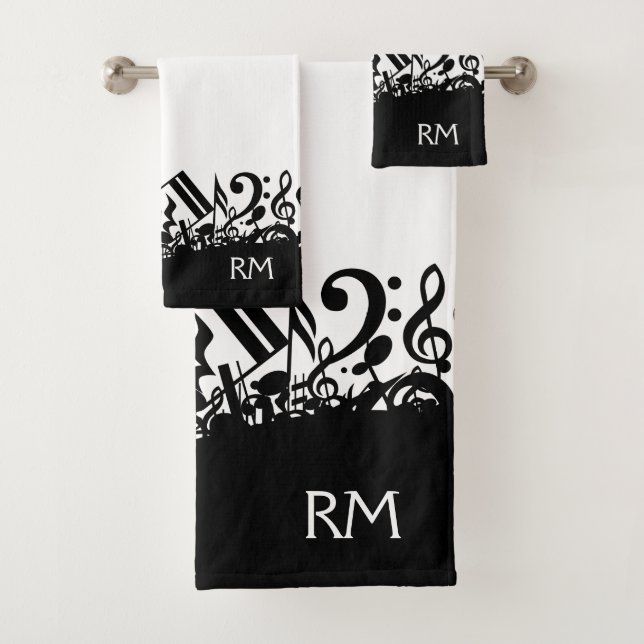 Personalized Black Jumbled Music Notes Bath Towel Set (Insitu)