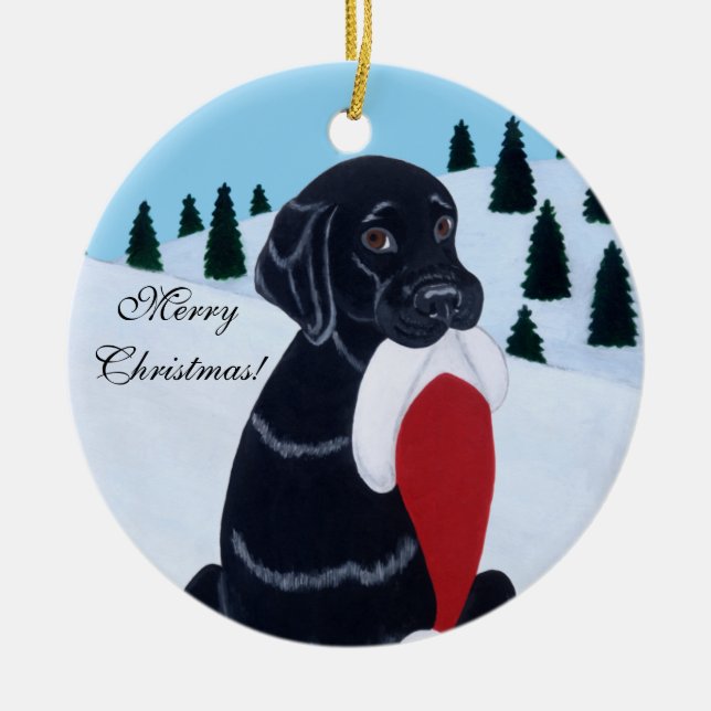 Personalized Black Lab Christmas Santa Hat Ceramic Ornament (Front)