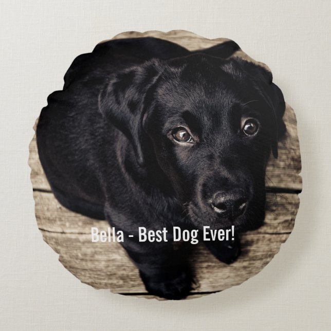 Personalized Black Lab Dog Photo and Dog Name Round Pillow (Front)