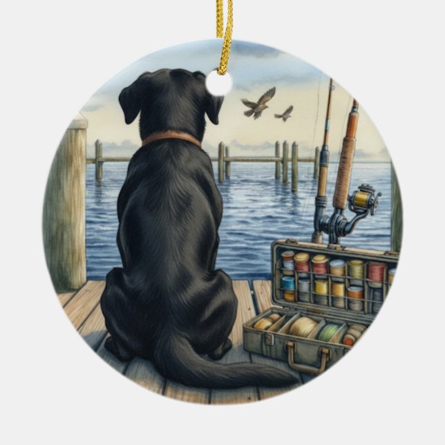 Personalized Black Lab fishing Pet Memorial  Ceramic Ornament (Front)