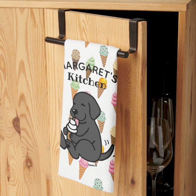 Personalized Black Lab Licking Ice Cream Kitchen Towel (Thirds Fold)