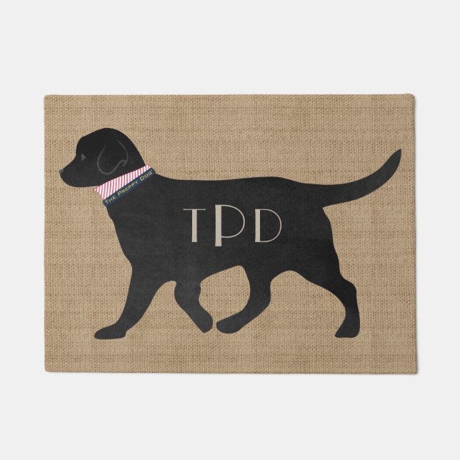 Personalized Black Lab Preppy Tan Jute Doormat (Front)