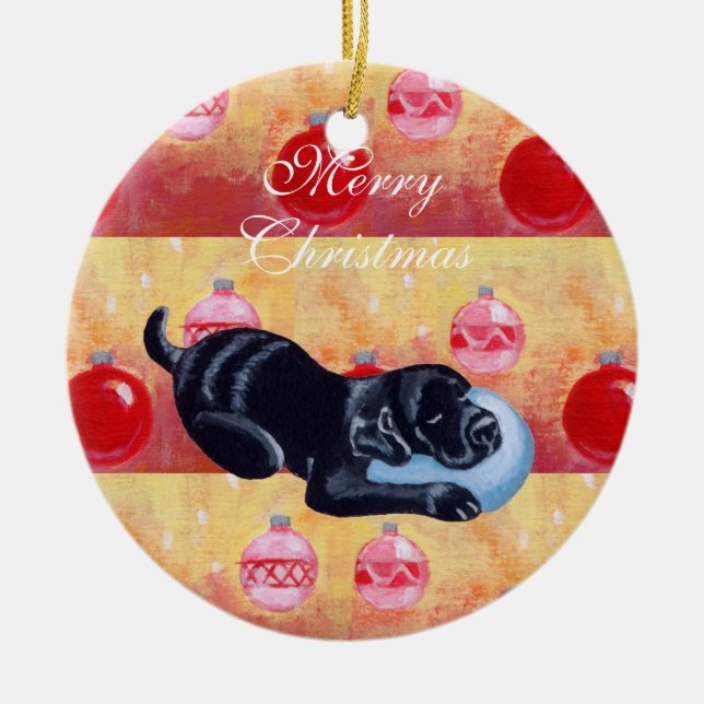 Personalized Black Lab Puppy Christmas Ceramic Ornament (Front)