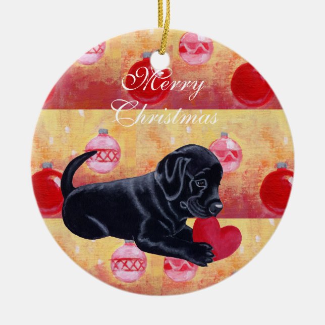 Personalized Black Lab Puppy Christmas Ceramic Ornament (Front)