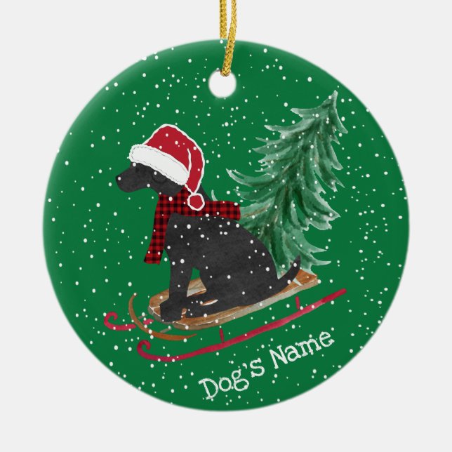 Personalized Black Lab Xmas Sled Ceramic Ornament (Front)
