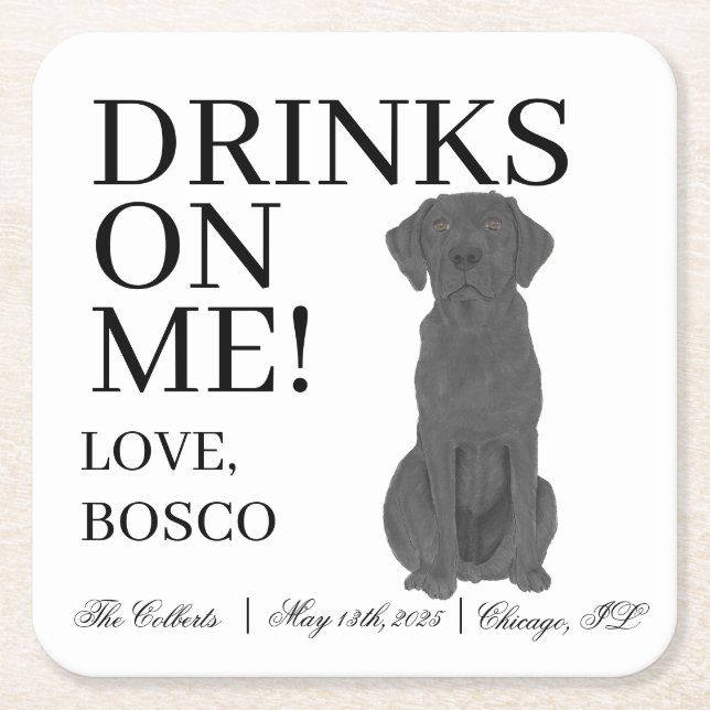 Personalized Black Labrador Dog Wedding Square Paper Coaster (Front)