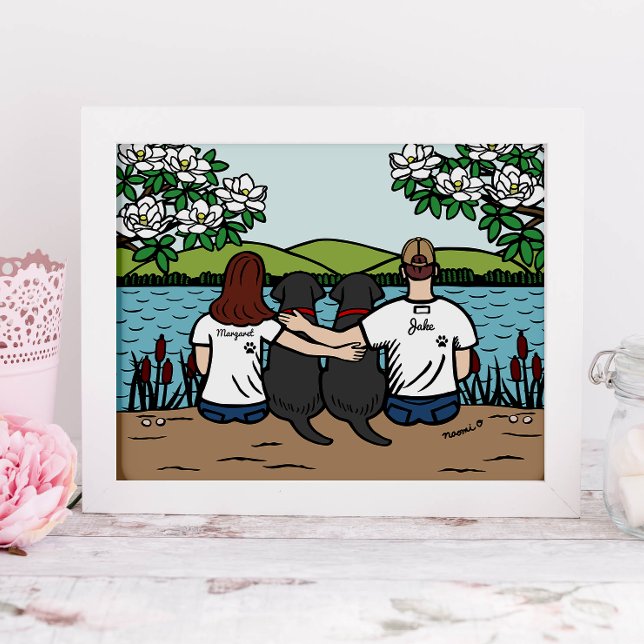 Personalized Black Labrador Family Brown Long  Poster (Personalized Family Portrait for Black Labrador Owners.  Two Black Lab and their Parents.)