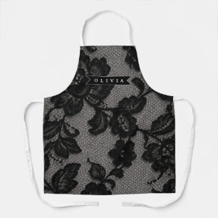 Personalized Black Lace Floral Elegant Monogram Apron