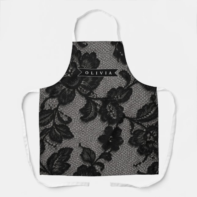 Personalized Black Lace Floral Elegant Monogram Apron (Front)
