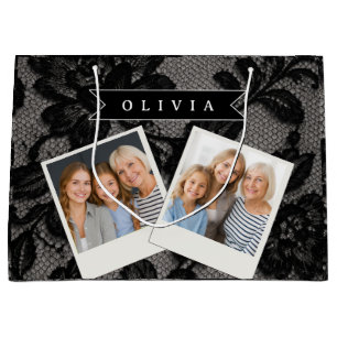Personalized Black Lace Floral Elegant Monogram Large Gift Bag