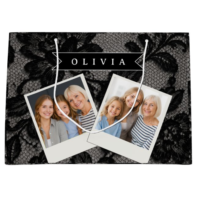 Personalized Black Lace Floral Elegant Monogram Large Gift Bag (Front)