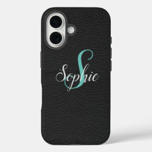 Personalized Black Leather Effect Monogrammed iPhone 16 Case