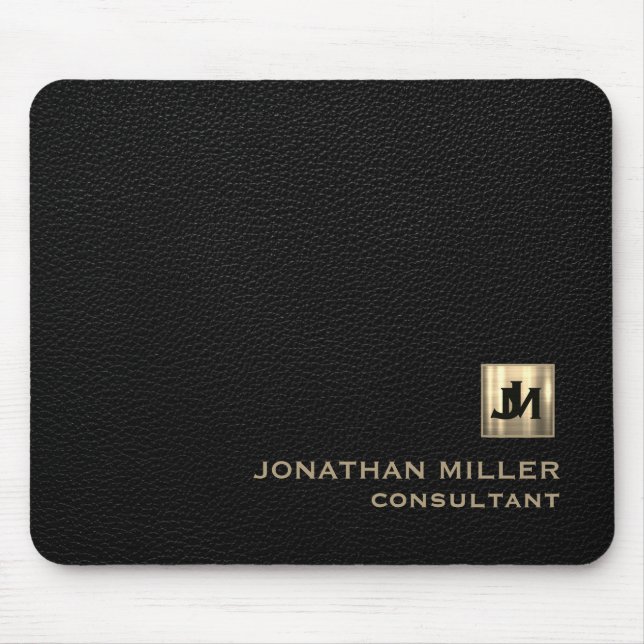 Personalized Black Leather Print Gold Monogram Mouse Pad (Front)