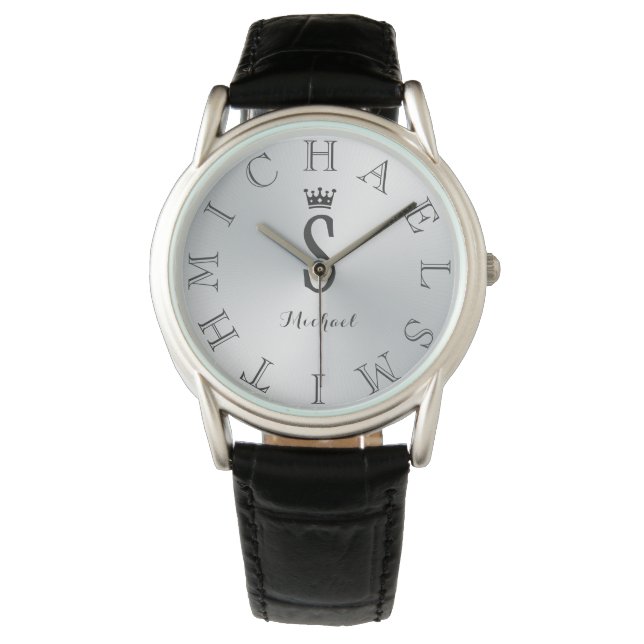 Personalized Black Letter Dial Silver Gradient Watch (Front)