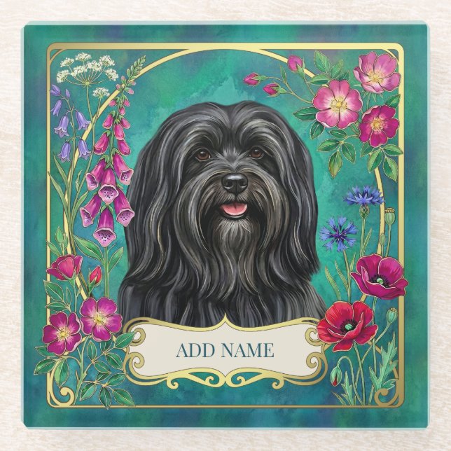 Personalized Black Lhasa Apso Floral Glass Coaster (Front)