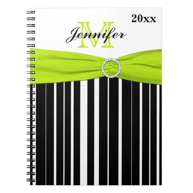 Personalized Black Lime White Striped Notebook (Front)