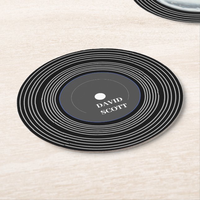 Personalized black Lp vinyl Round Paper Coaster (Angled)