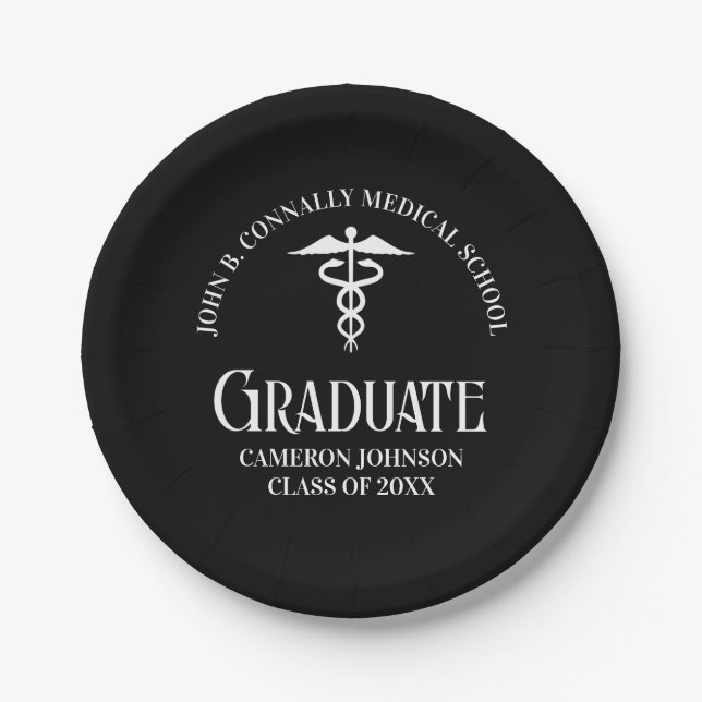 Personalized Black Medical School Graduation Party Paper Plate (Front)