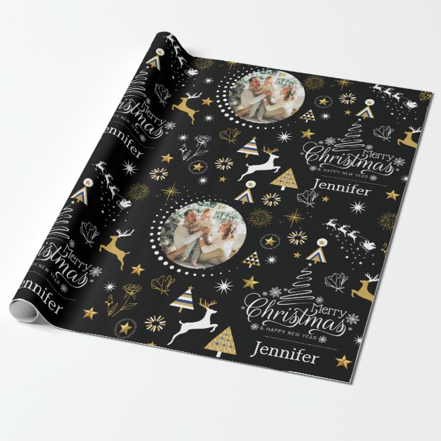 Personalized Black Merry Christmas gift Wrapping Paper (Unrolled)