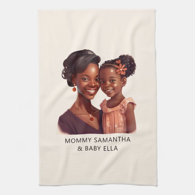 Personalized Black Mom and Daughter (10) Kitchen Towel (Vertical)