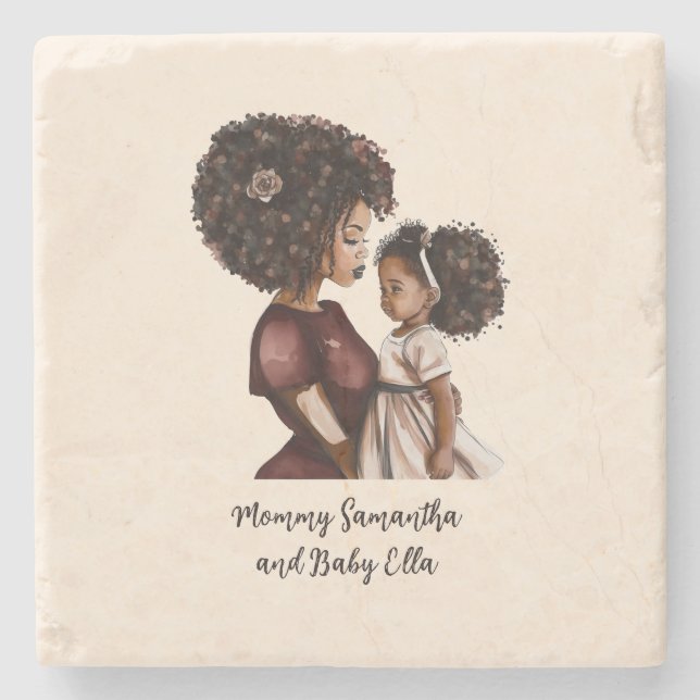 Personalized Black Mom and Daughter (3) Stone Coaster (Front)