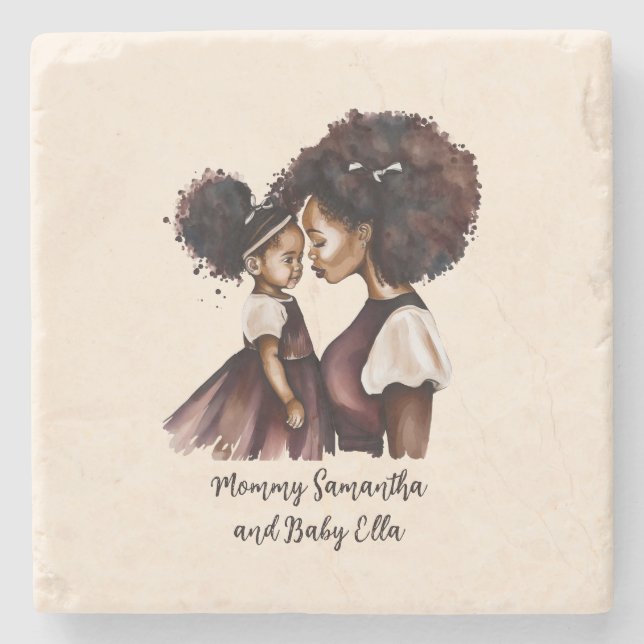 Personalized Black Mom and Daughter (5) Stone Coaster (Front)