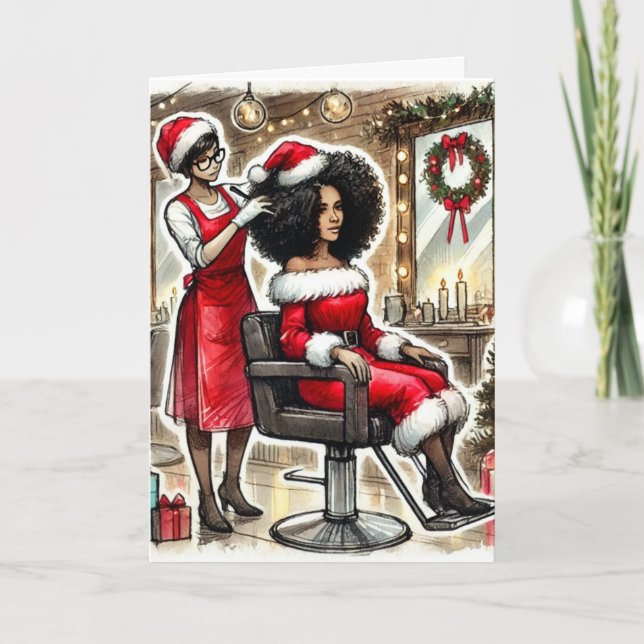 Personalized Black Mrs. Claus Getting her hair  Holiday Card (Front)